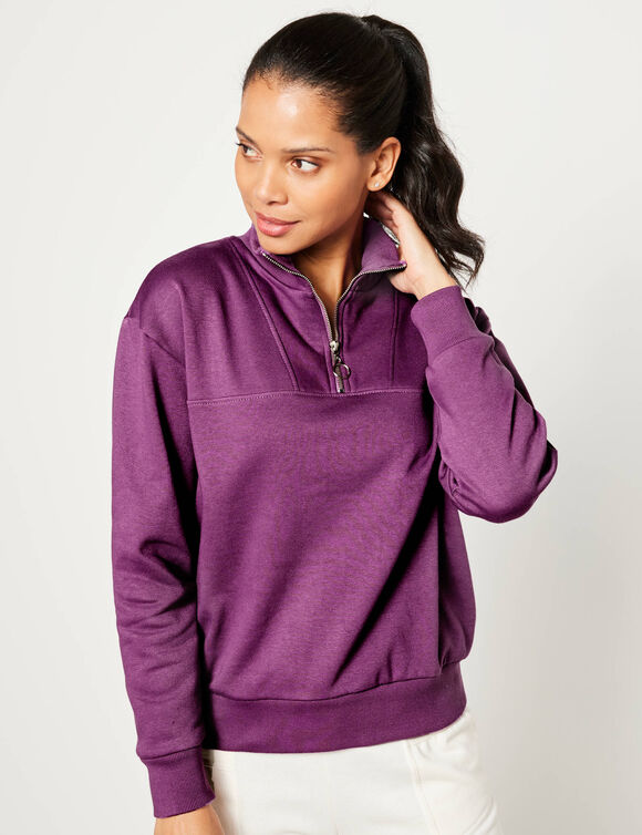 Sweat col montant zippé en molleton gratté (raisin) Sweat col montant zippé en molleton gratté (raisin)